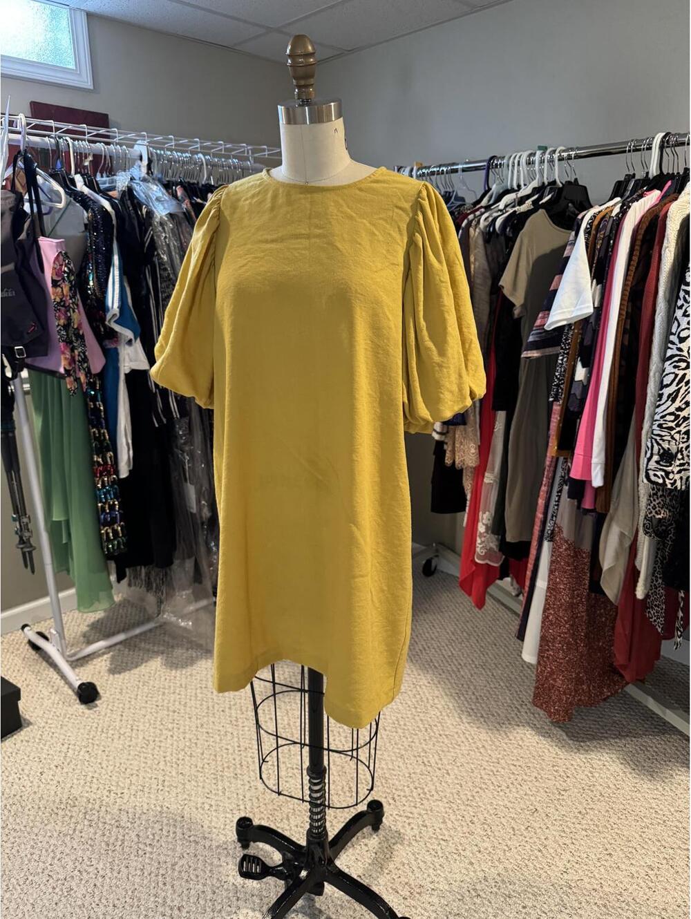 Yellow Puff Sleeve Shift Dress - Medium